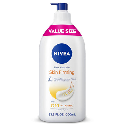 NIVEA_Sheer_Hydration_Skin_Firming_Body_Lotion_with_Q10_and_Vitamin_C,_72-Hour_Body_Moisturizer_for_Normal_to_Dry_Skin,_33.8_Fl_Oz_Value_Size_Pump_Bottle