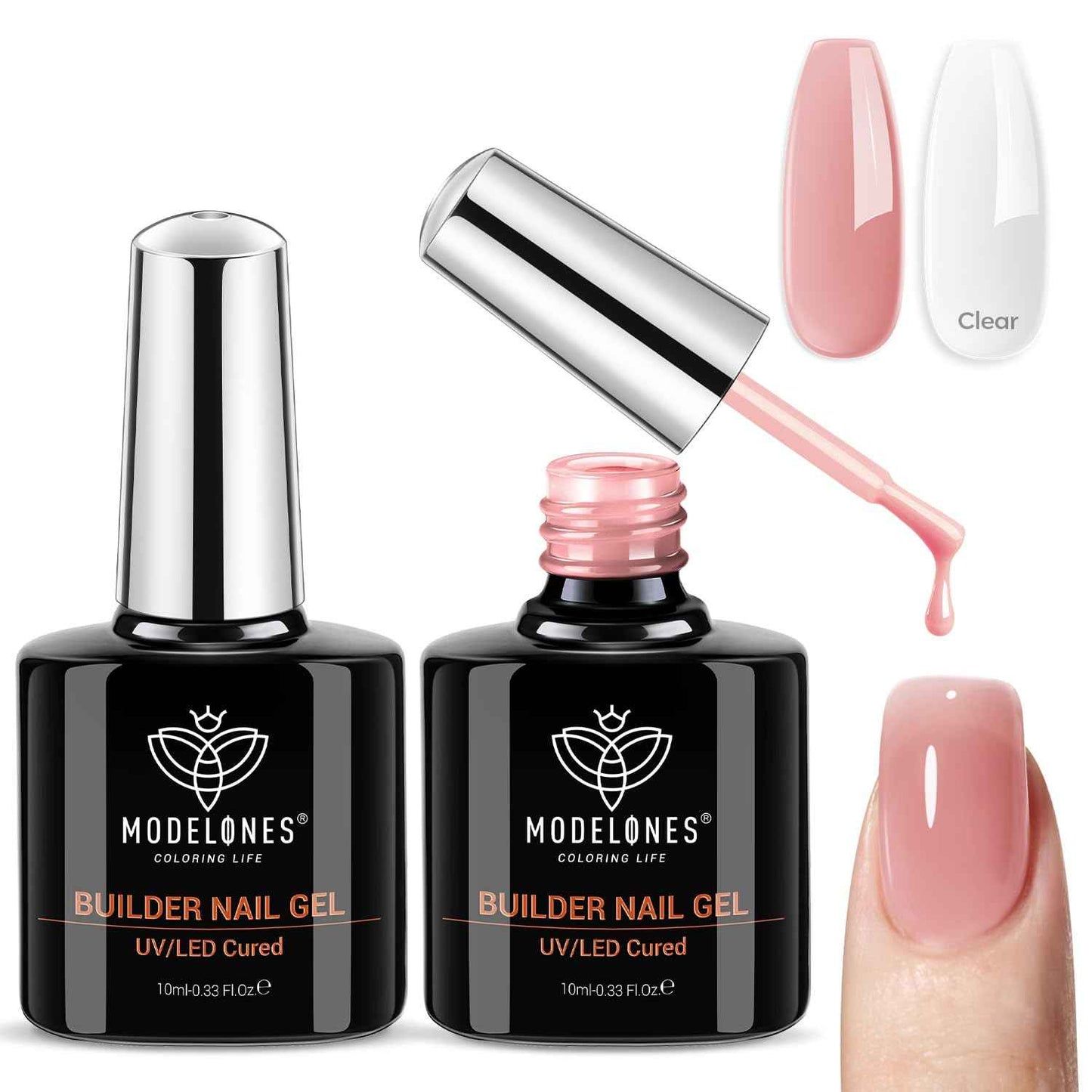 modelones Builder Nail Gel, 2 Pcs Clear and Cover Nude Builder Nail Polish, 8-in-One Apex Building Thickening Strengthener Extension Rubber Color Base Gel for DIY Home Salon Gifts LED Lamp Cured 10ml