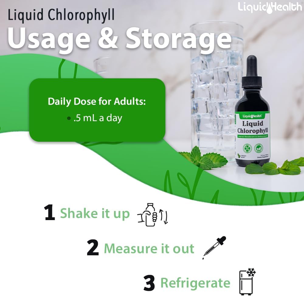 LIQUIDHEALTH Liquid Chlorophyll Drops - Internal Deodorizer, Liver Detox, Immune Support, Promote Collagen for Hair & Skin, Stop Bad Breath, Reduce Appetite - Made in The USA, Vegan, Non-GMO (2 oz)
