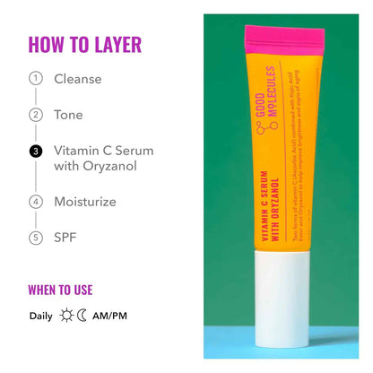 Good Molecules Vitamin C Serum with Oryzanol - Face Serum to Promote Even Skin Tone, Anti-Aging, and Brightening - Skin Care for Face