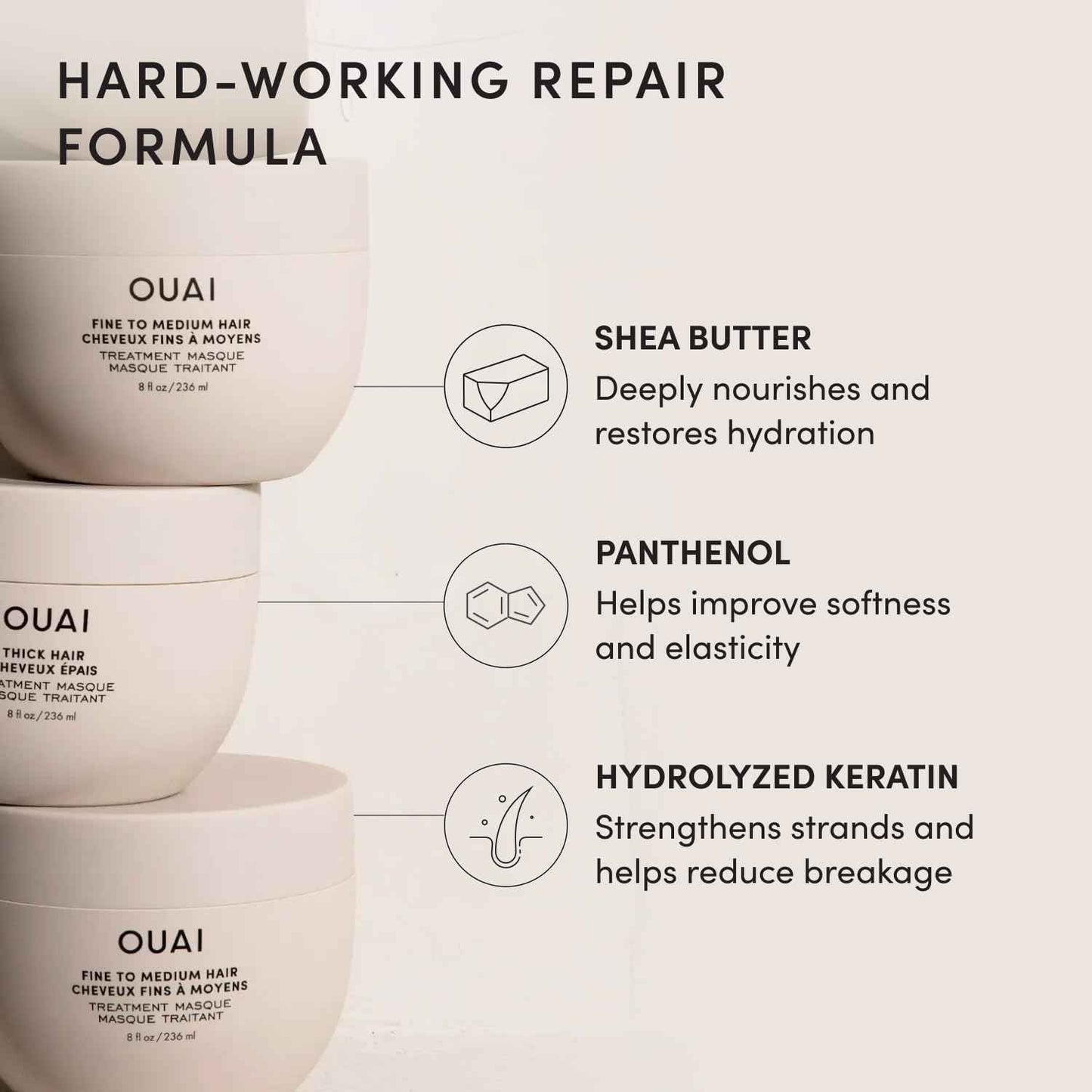 OUAI Fine to Medium Hair Treatment Mask - Lightweight Deep Conditioning Hair Mask with Shea Butter, Keratin & Panthenol - Helps Hydrate, Fight Frizz, Strengthen & Repair Damage (3.4 oz)
