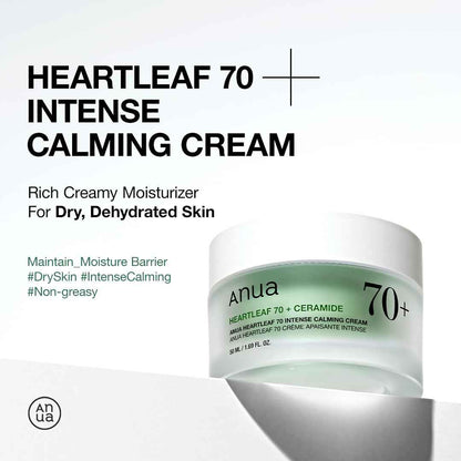 Anua Heartleaf 70 Intense Calming Cream with Ceramide & Panthenol, Face Moisturizer for Dry Skin, Barrier Repair, Glass Skin Hydration, Fragrance-free, Paraben-free, Korean skin care, 1.69 fl.oz
