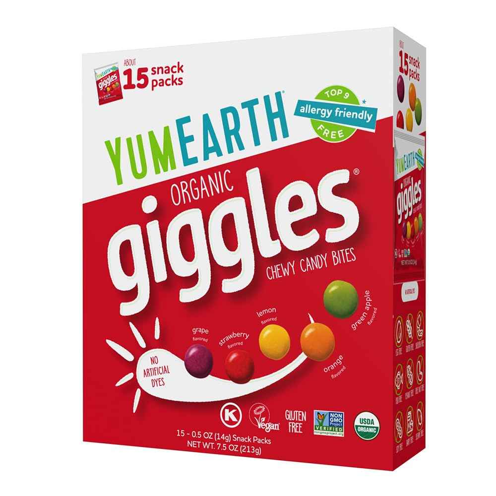 YumEarth Organic Giggles Chewy Candy – Allergy Friendly, No Artificial Dyes, Non GMO, Gluten Free, Fruit Flavored, Vegan Candy Snacks 0.5 oz