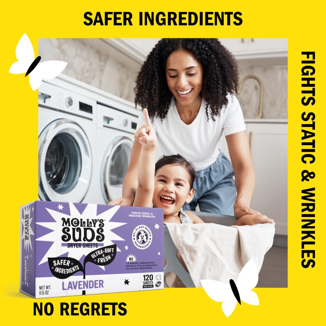 Molly's_Suds_Fabric_Softener_Dryer_Sheets_for_Sensitive_Skin_|_Plant-Based_Static_Reducer,_Plastic-Free_Packaging_|_Lavender_(120_Sheets)
