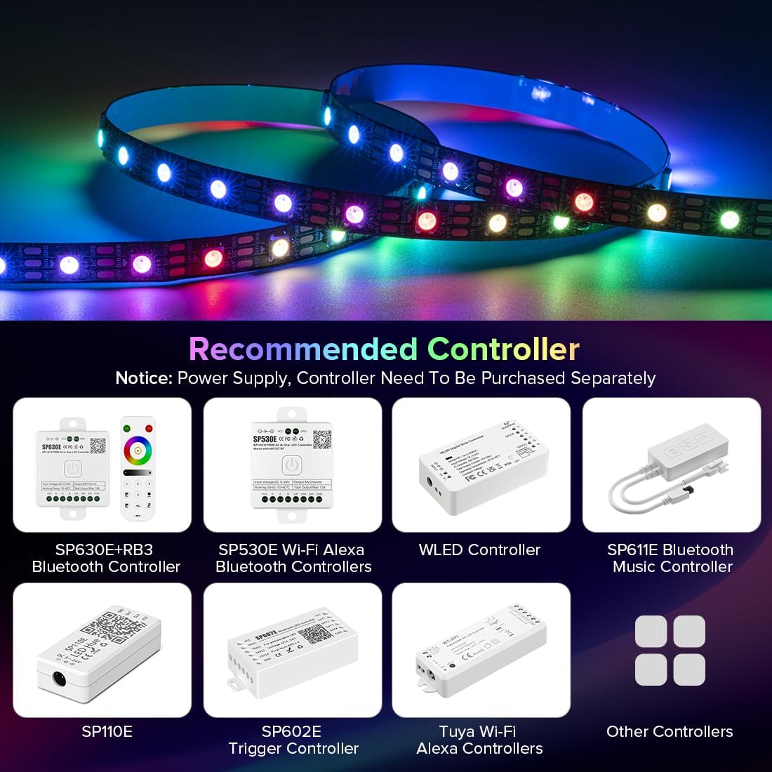 SEZO_WS2812B_ECO_LED_Strip_Light_3.3FT/16.4FT_-_60LEDs/100LEDs/144LEDs/150LEDs/300LEDs_300Pixels_Individually_Addressable_Programmable_5050SMD_Digital_RGB_Alloy_Wires_Flexible_Dream_Color_IP30_Non-Waterproof_PCB_Black_DC5V
