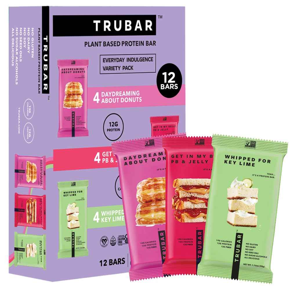 TRUBAR Vegan Protein Bar, Assorted Flavors, Gluten Free, Vegan Protein Snacks, 12G Plant-Based Protein, High Fiber, Healthy Protein Bars