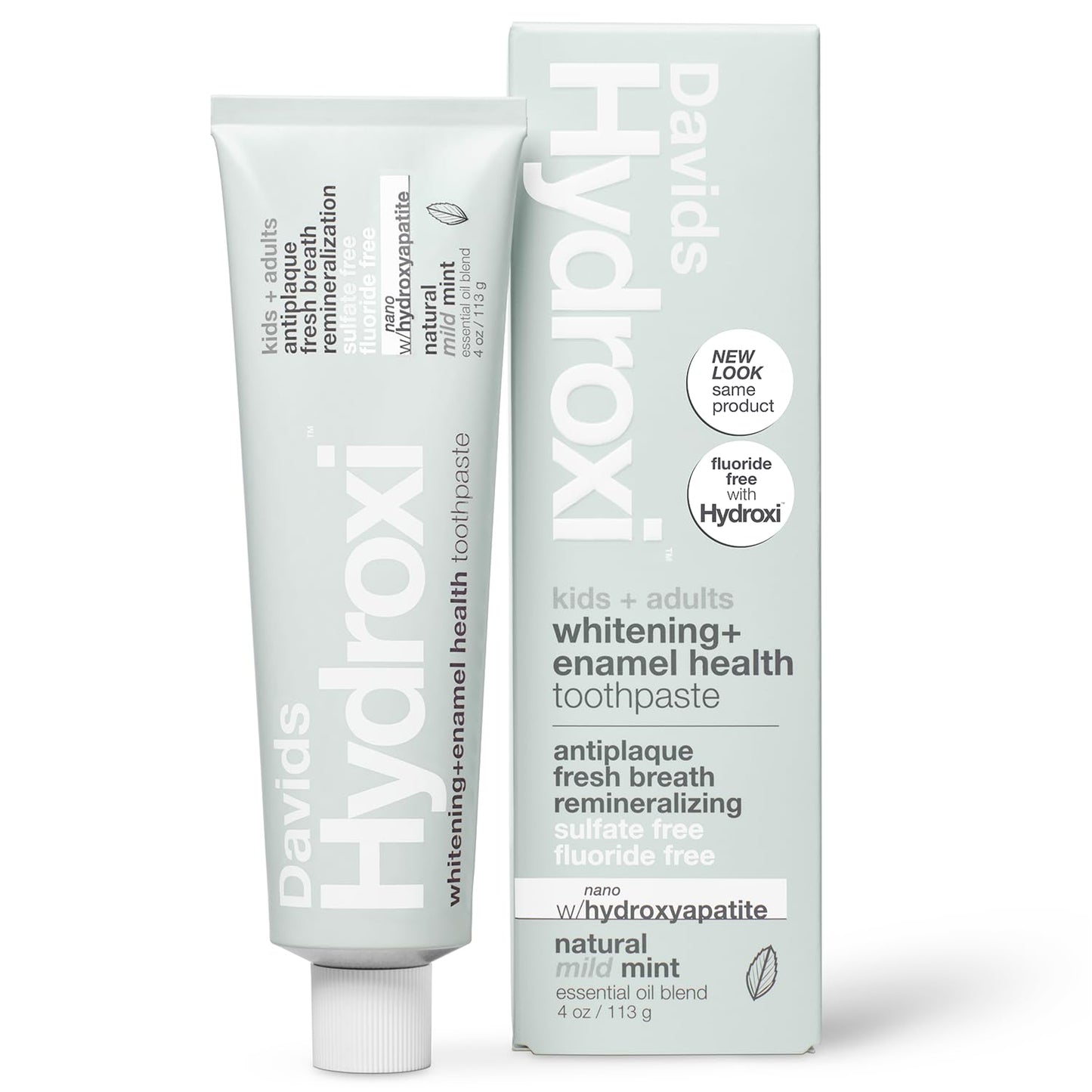 Davids Hydroxi Mild Mint Fluoride Free Nano Hydroxyapatite Toothpaste for Enamel Health &amp;amp; Whitening, Antiplaque, SLS Free, Kid Friendly Gentle Mint Flavor, 4 oz, Made in USA