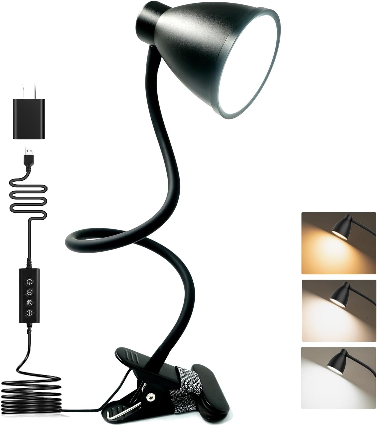 BOHON_Desk_Lamp_5_Color_Modes_10_Brightness_Dimmer_Reading_Light_10W_38_LED_Clamp_Lamp_with_Auto_Off_Timer_360°_Flexible_Neck_Clip_on_Light_for_Bed_Bedside,_AC_Adapter_Include