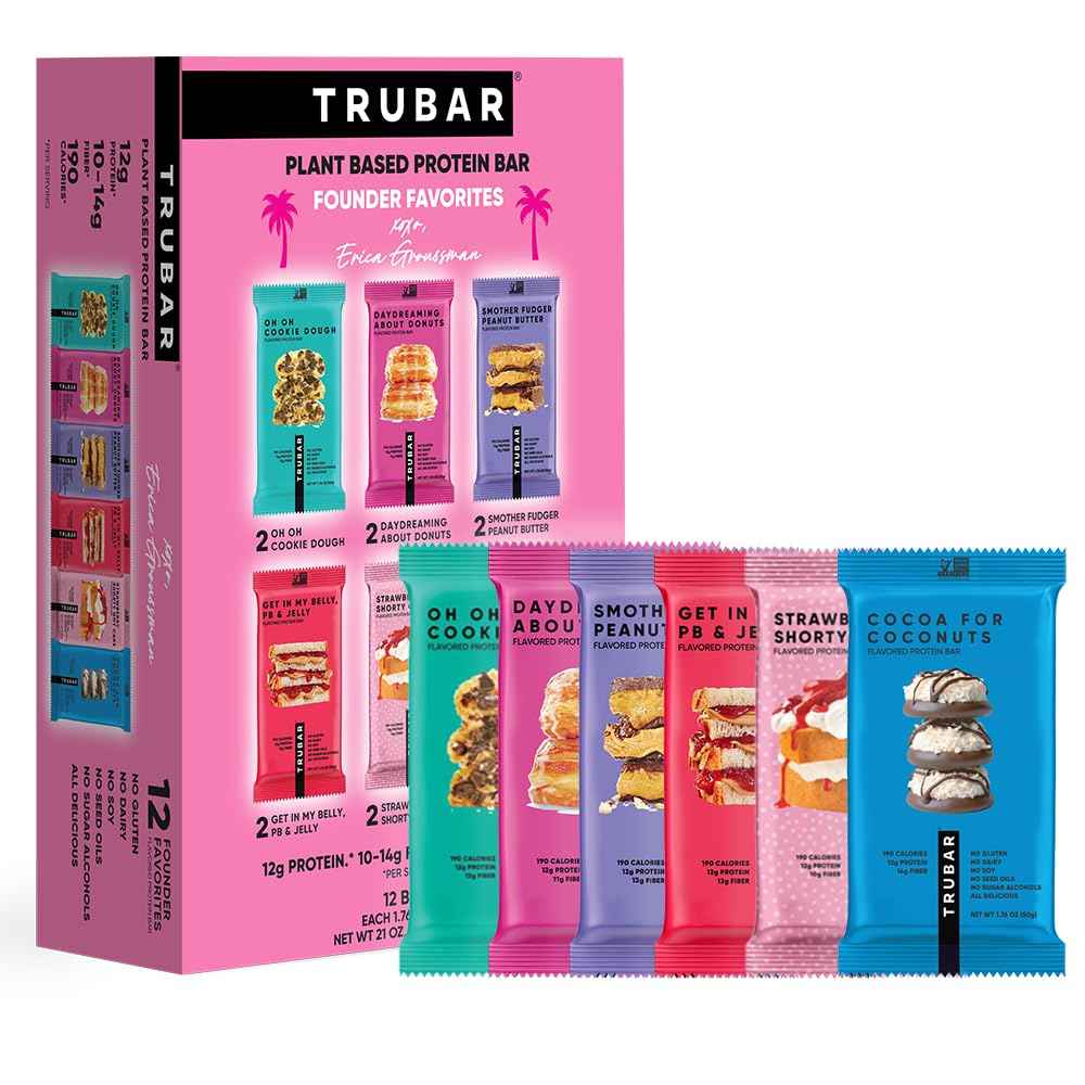 TRUBAR Vegan Protein Bar, Assorted Flavors, Gluten Free, Vegan Protein Snacks, 12G Plant-Based Protein, High Fiber, Healthy Protein Bars