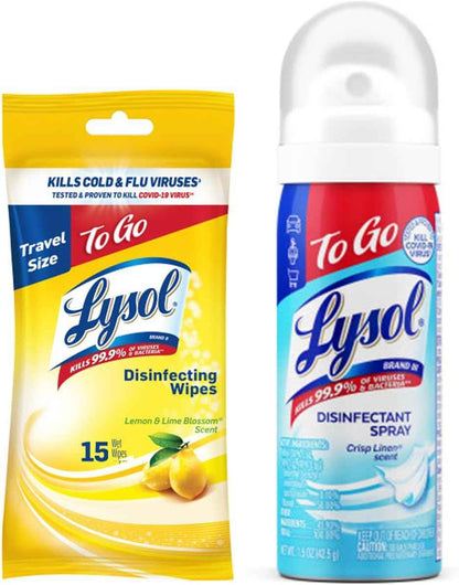 Lysol To Go Bundle - 1.5 Ounce Crisp Linen Disinfectant Spray and Lemon Lime Disinfecting Wipes Flat Pack