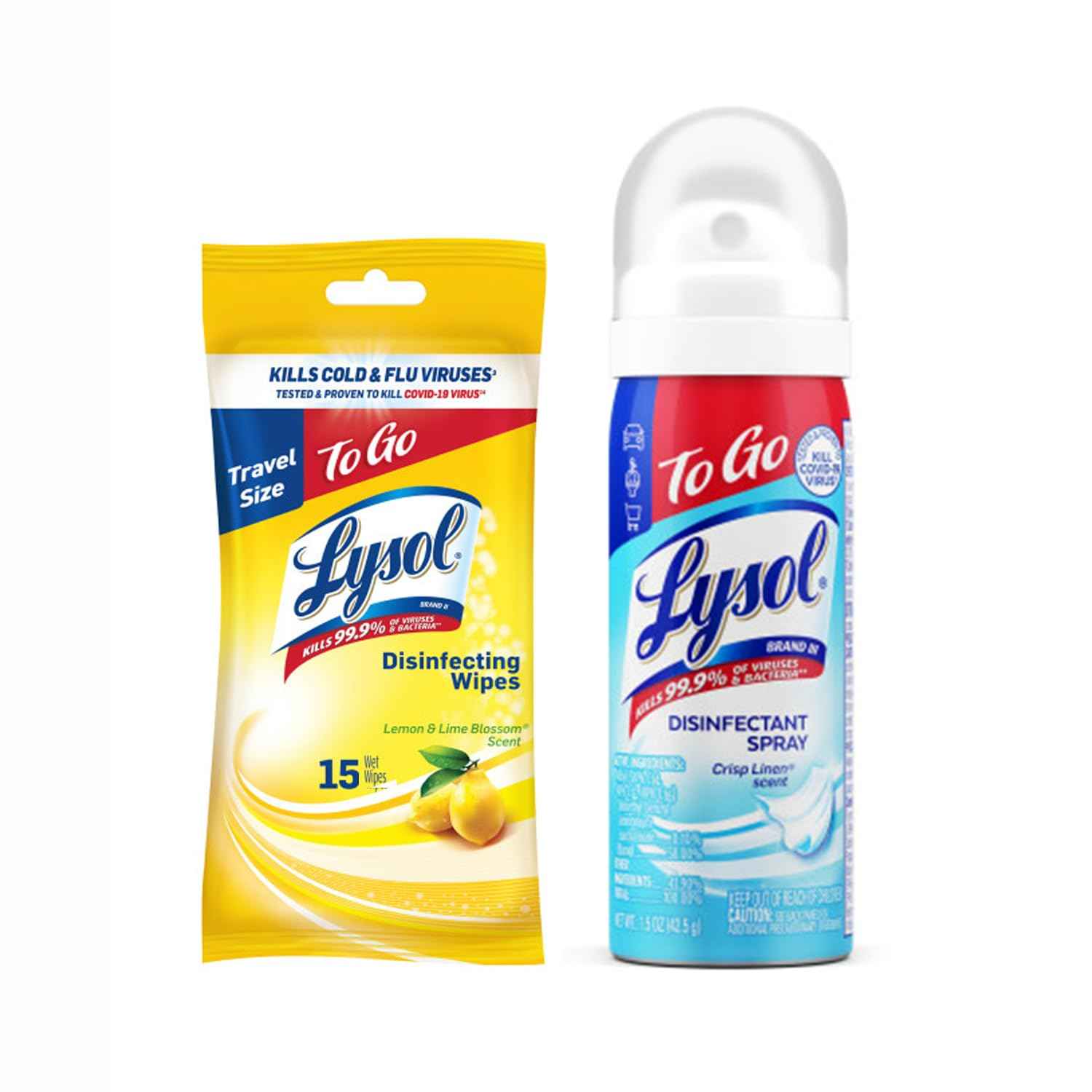 Lysol To Go Bundle - 1.5 Ounce Crisp Linen Disinfectant Spray and Lemon Lime Disinfecting Wipes Flat Pack