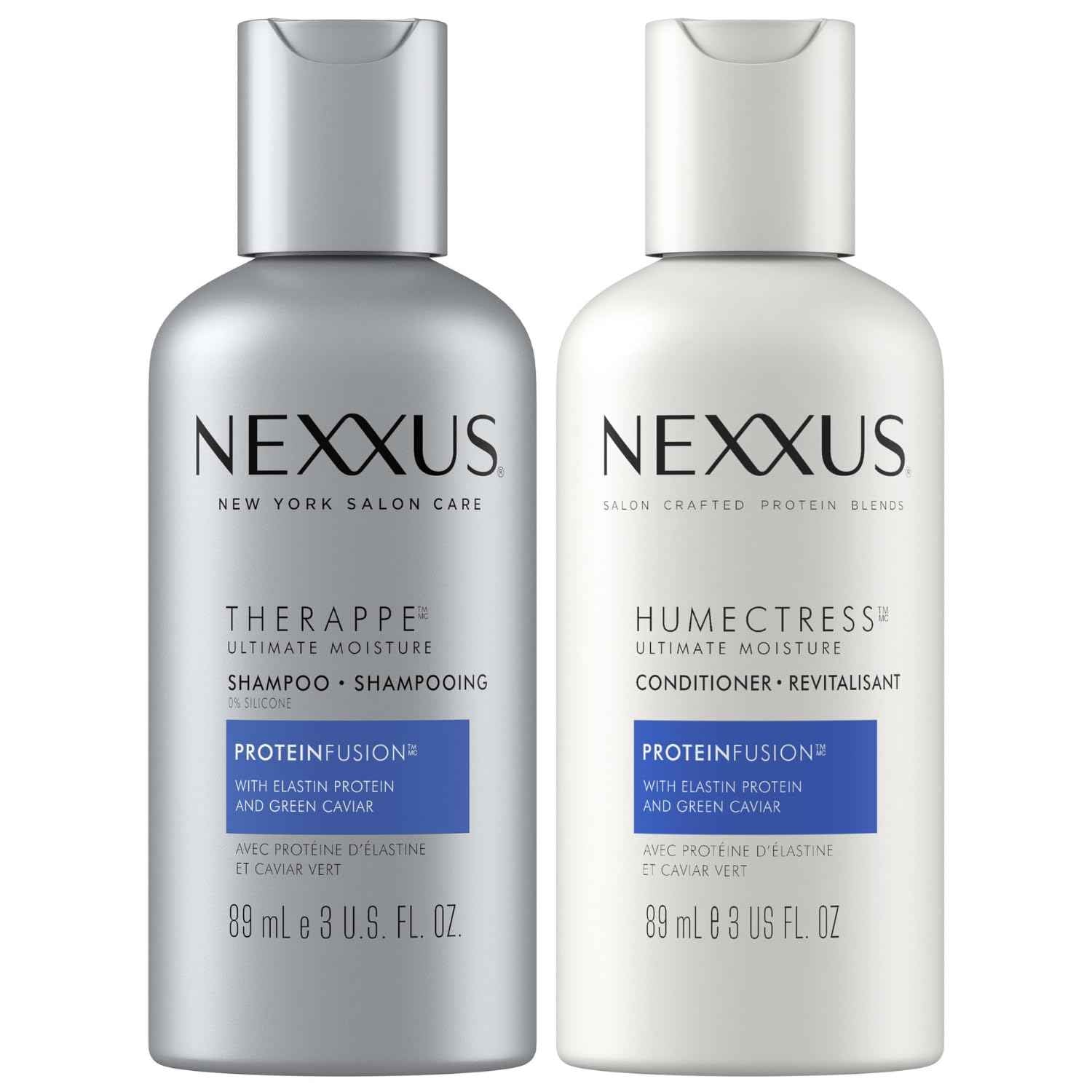 Nexxus Therappe Shampoo and Humectress Conditioner, Travel-Size – Ultimate Moisture for Dry Hair with Elastin Protein and Green Caviar