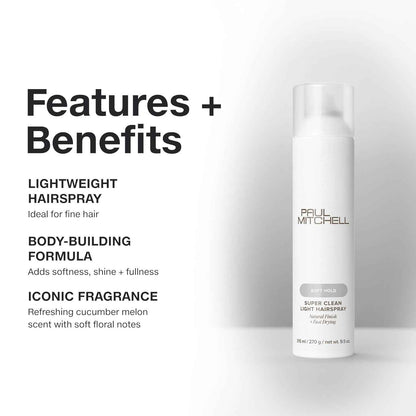 Paul Mitchell Super Clean Light Hairspray, Fast Drying, Soft Hold + Natural Finish, For Fine Hair, 9.5 oz