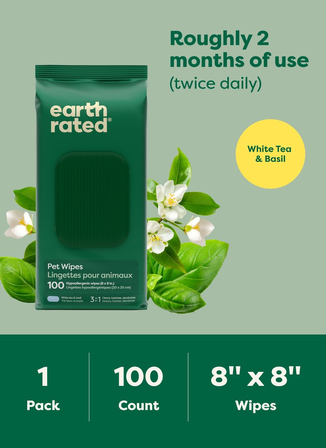 Earth_Rated_Pet_Wipes_for_Dogs_and_Cats,_Hypoallergenic,_3-in-1_Cleaning,_Deodorizing_and_Hydrating,_for_Grooming_Paws,_Body_and_Butt,_New_White_Tea_and_Basil_Scent,_100_Count