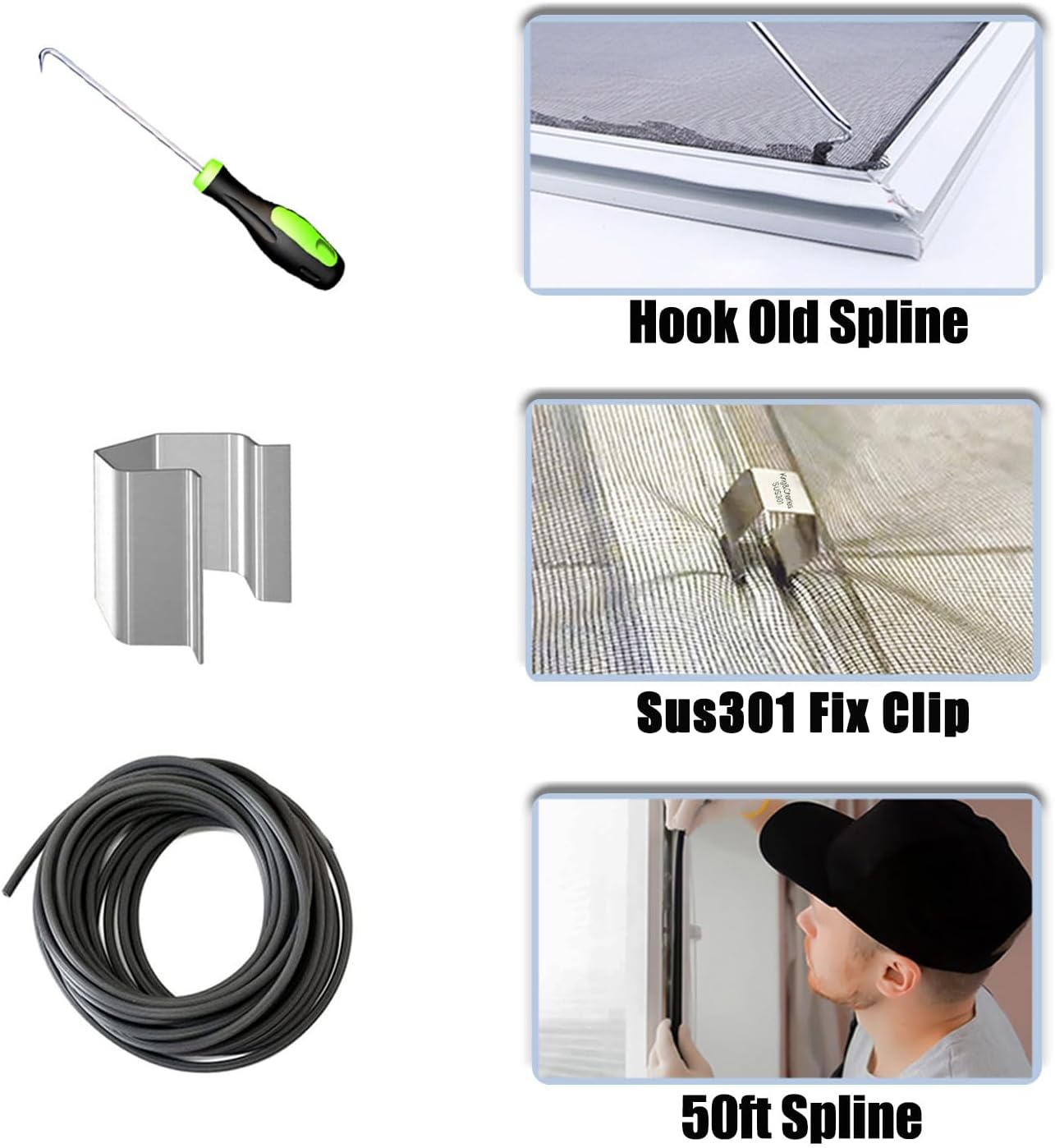 King&Charles_Window_Screen_Door_Repair/Replacement_Kit,_Include_Black_Screen_Mesh_48"x118"+_2_Roller+50Ft_Spline+8Clips+Hook,_6_in_1_Window_Mesh_Kit,_Steel/Nylon_Bearing_Roller