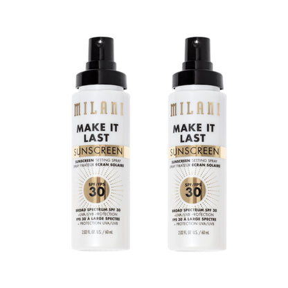 Milani Sunscreen Setting Spray + Primer, Make It Last Sunscreen for Face- SPF 30 UVA &amp;amp; UVB Protection Antioxidant Rich Formula for Broad Spectrum Protection, Prime + Set + Protect, 2.02Fl. Oz - 2 Pack