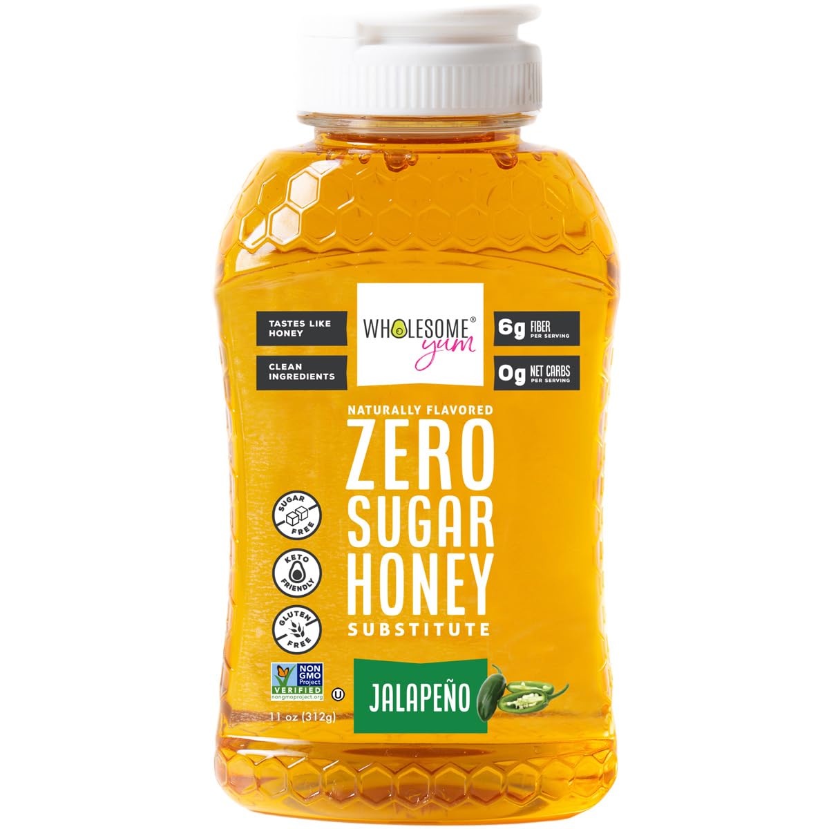 Wholesome Yum Jalapeno Zero Sugar Honey Substitute (Keto) - Natural Sugar Free Honey Alternative With Monk Fruit &amp;amp; Allulose - 0 Net Carbs, Non-GMO, Gluten Free, No Aftertaste (11 oz)