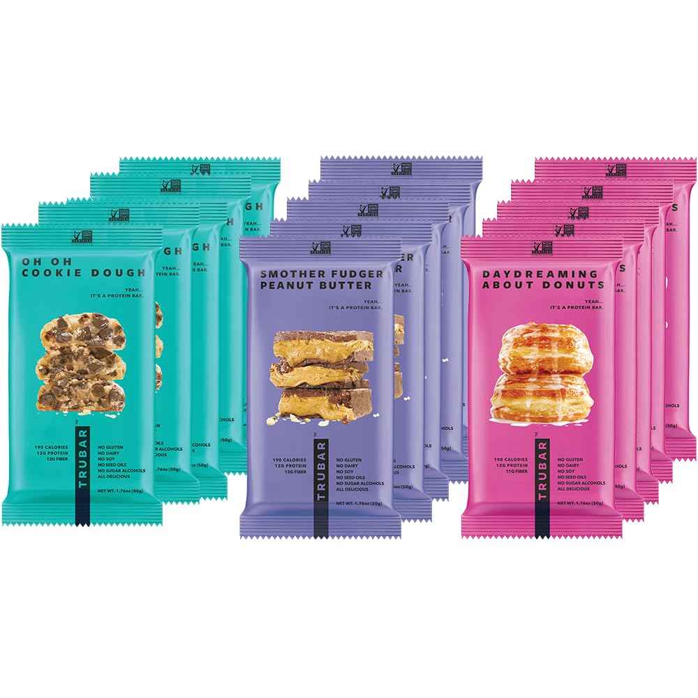TRUBAR Vegan Protein Bar, Assorted Flavors, Gluten Free, Vegan Protein Snacks, 12G Plant-Based Protein, High Fiber, Healthy Protein Bars