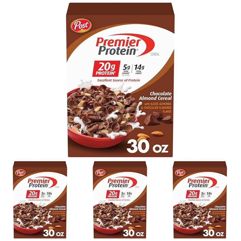 Post Premier Protein Cereal, Chocolatey Protein Cereal Flakes with Sliced Almonds, Contains 20g of Protein Per Serving, 30 OZ Box
