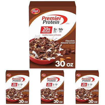 Post Premier Protein Cereal, Chocolatey Protein Cereal Flakes with Sliced Almonds, Contains 20g of Protein Per Serving, 30 OZ Box