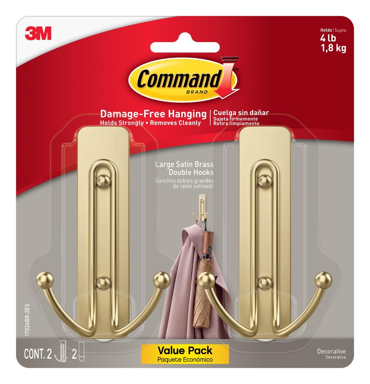 Command Large Satin Brass Double Hooks, 2 Hooks and 2 Strips, Damage-Free Wall Hook with Adhesive Strips, No Tools Coat Hook for Hanging Home Decor, Holds up to 4 lb