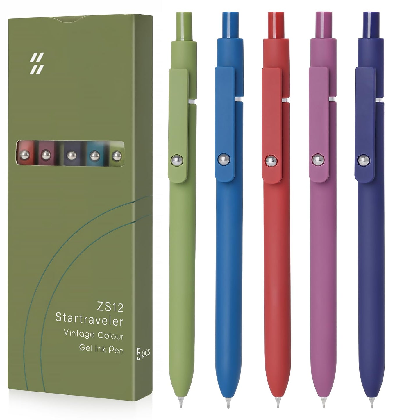 FIOVER High-End Vintage Gel Pens, 5-Pack 0.5mm Fine Point Black Ink Pens with Soft Grip &amp;amp; Metal Clip, Smooth Writing Retractable Pens for Journaling, Office, Note Taking(Retro color)