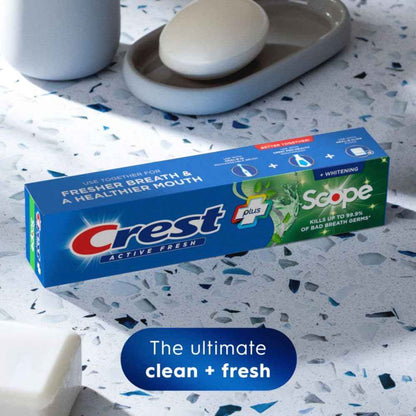 Crest + Scope, Active Fresh, Teeth Whitening Toothpaste for adults, 5.5oz, Bad Breath Treatment, Breath Freshner, for Sensitive Teeth, Deep Stain remover, Travel Size Toiletries