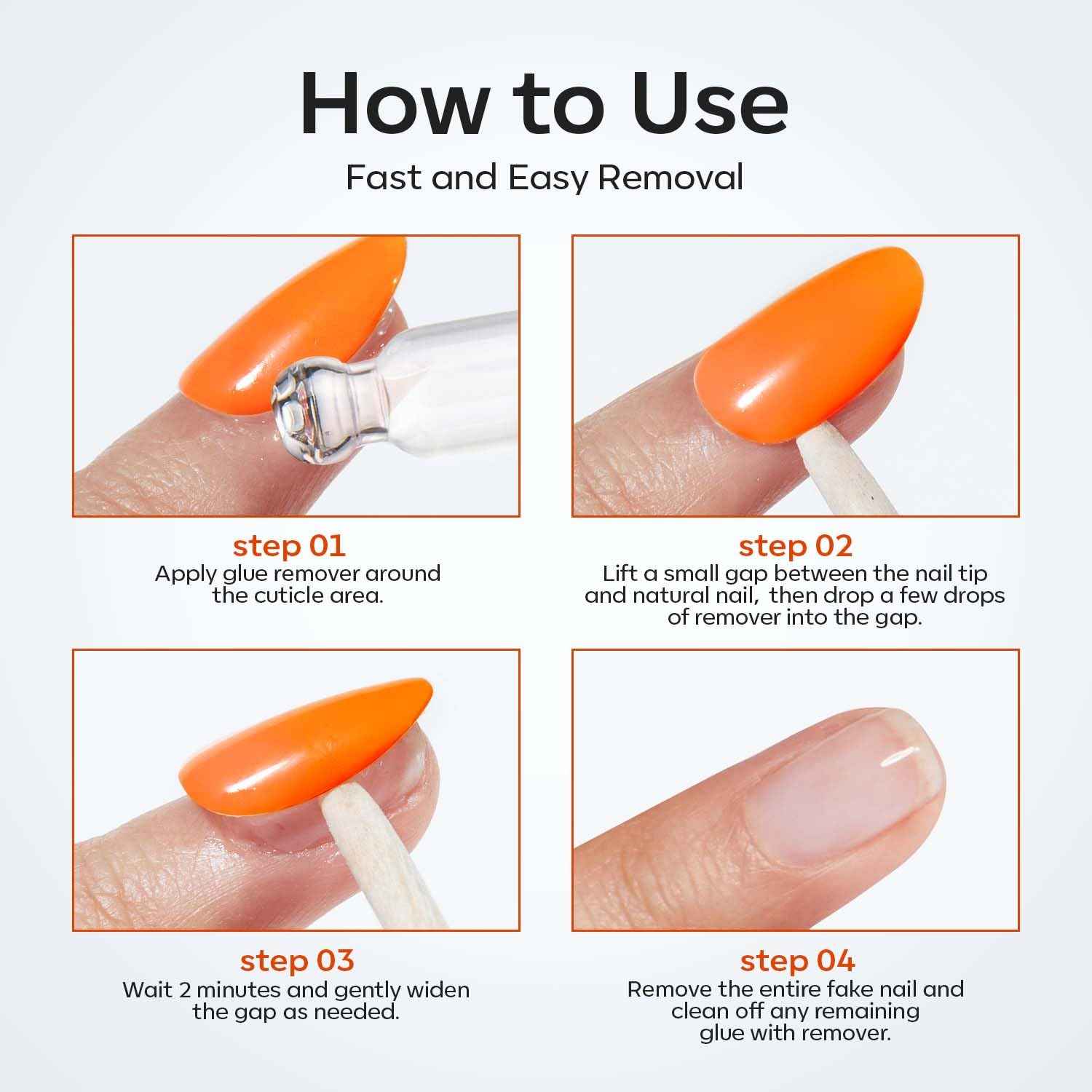 Modelones 50 ML Nail Glue Remover for Base Coat Press On Nails, Upgrade Clear Stick On Nails Remover for Acrylic Tips, Nail Polish Remover with Wood Stick