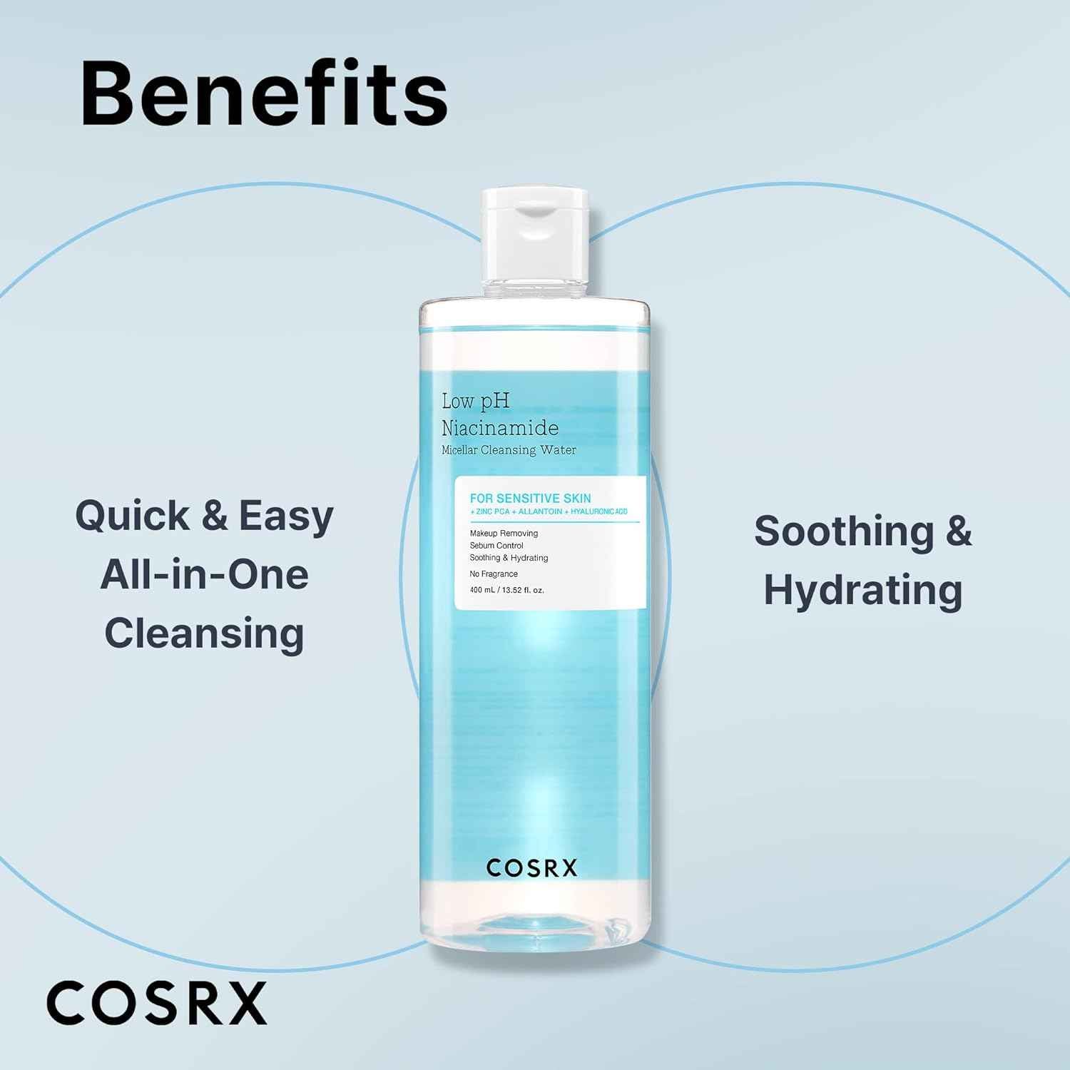 COSRX Low pH Niacinamide Micellar Cleansing Water Daily Mild Facial Cleansing Wash for Sensitive Skin, Sebum control, Korean Skin Care