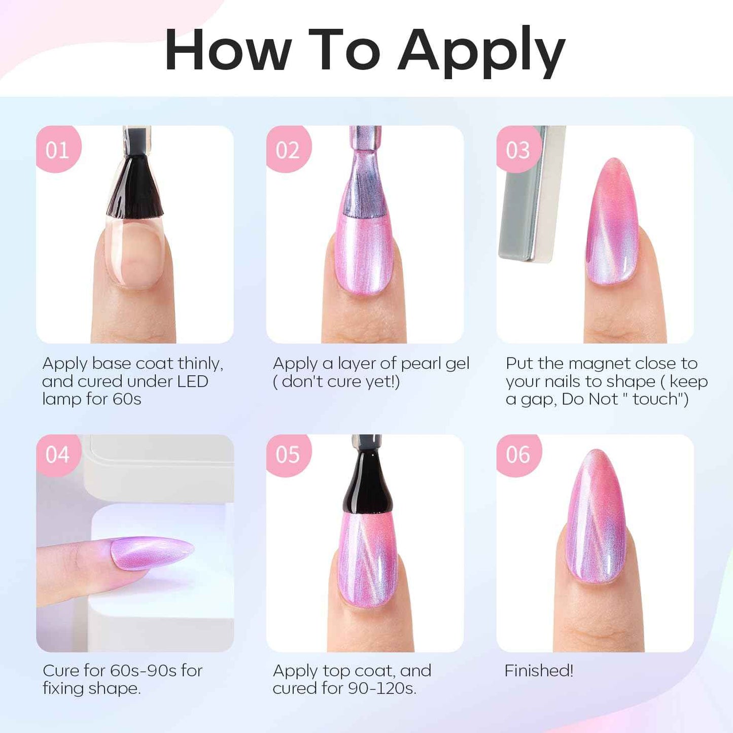modelones Cat Eye Gel Nail Polish, 6 Colors Shimmer Pearl Magnetic Nail Drawing Set with Magnet, Iridescent Mermaid Swirl Shell Thread Purple Pink Blue Glitter, DIY Manicure Gift for Women Girl