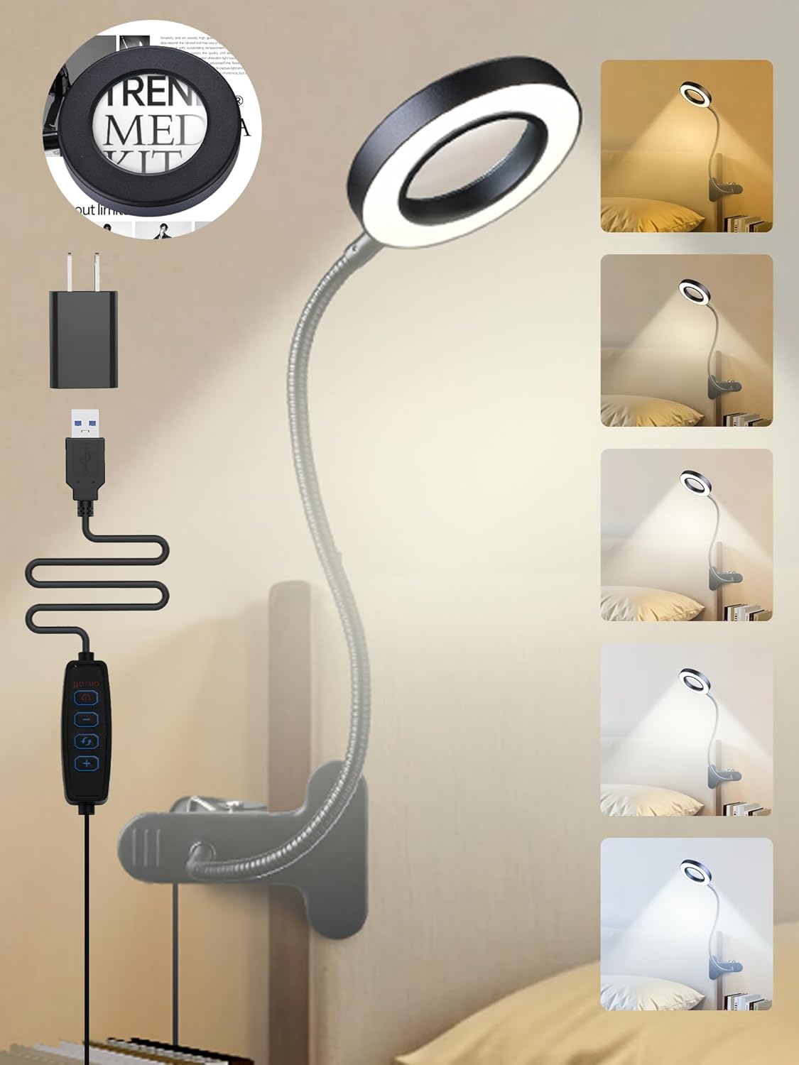 10X_Magnifying_Glass_with_Light,5_Colors+10_Brightness_Reading_Lamp,58_LED_Magnifier_with_Light,750_Lumen_Lighted_Magnifying_Glass_for_Reading,Clip_on_Lamp_for_Desk/Bed/Work/Nail_[Adapter]