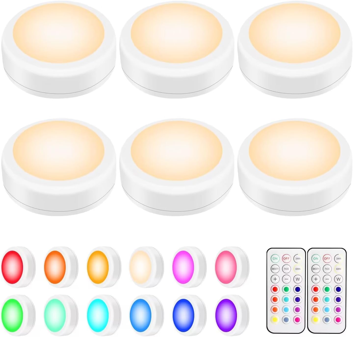 BLS_LED_Puck_Lights_with_Remote_Control,_Wireless_Under_Cabinet_&_Closet_Lighting,_RGB_13_Color_Changing_Lights_with_Dimmer,_Timer_&_AA_Battery_Operated,_Push,_Touch,_Stick_on_for_Night,_Wall,_2_Pack/6_Pack