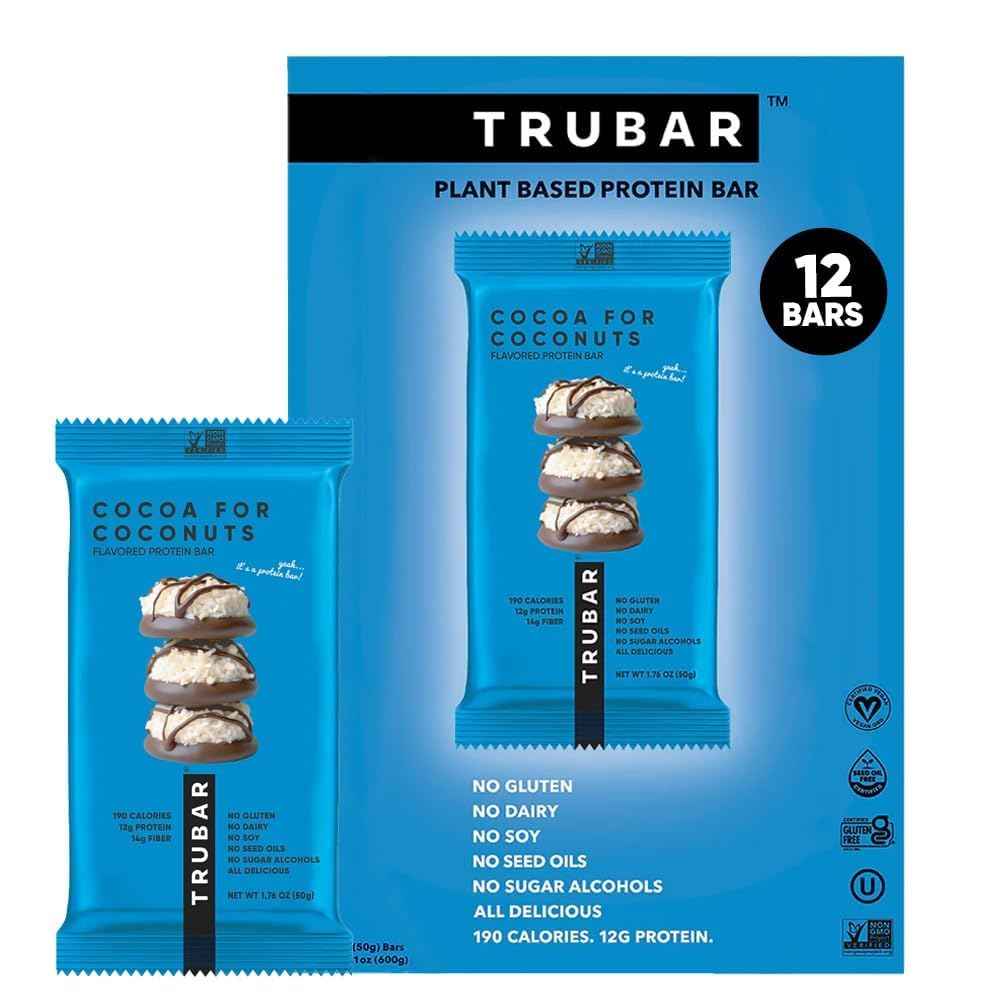 TRUBAR Vegan Protein Bar, Assorted Flavors, Gluten Free, Vegan Protein Snacks, 12G Plant-Based Protein, High Fiber, Healthy Protein Bars