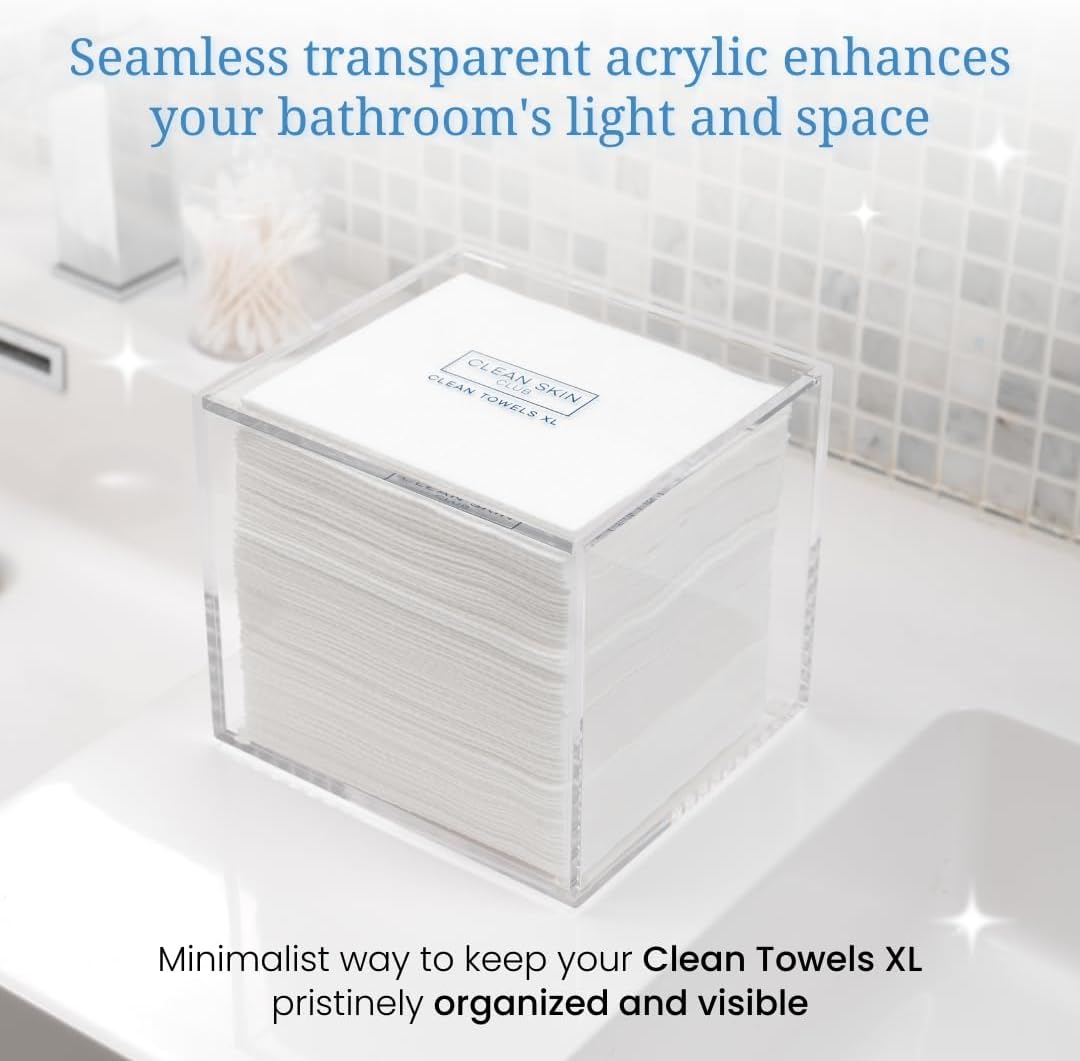 CLEAN_SKIN_CLUB_Clear_Acrylic_Box_for_Clean_Towels_XL_(NOT_Included),_Container_For_50_Disposable_Clean_Towels_XL,_Face_Towelettes_Bathroom_Counter_Storage,_Bin_for_Cleansing_Facial_Dry_Wipes