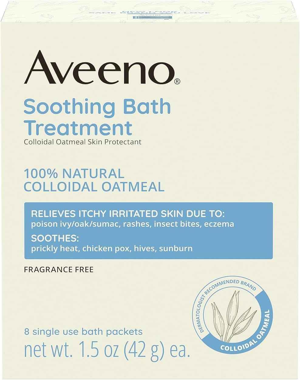 Aveeno Fragrance Free Soothing Bath Treatment, 100% Natural Colloidal Oatmeal, Sensitive Skin Bath Soak for Relief of Dry, Itchy, Irritated Skin Due to Eczema & Hives, Bath Packets