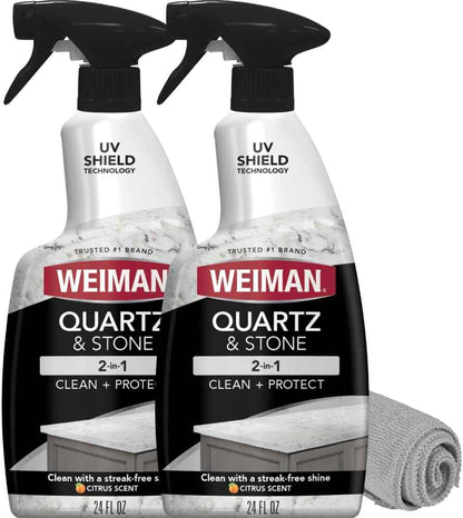 Weiman Quartz Countertop Cleaner and Polish - Clean and Shine Your Countertops Islands and Stone Surfaces with UV Protection, 24 Ounce with MicroFiber Towel, 2 Pack