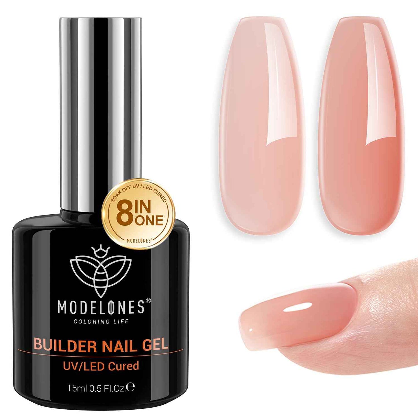 modelones Builder Nail Gel, 7-in-One Clear Builder for Nails, LED Lamp Cured Color Rubber Base Gel Polish Coat Strengthener Thickening Extension Rhinestone Glue in a Bottle for DIY Home Salon Gifts