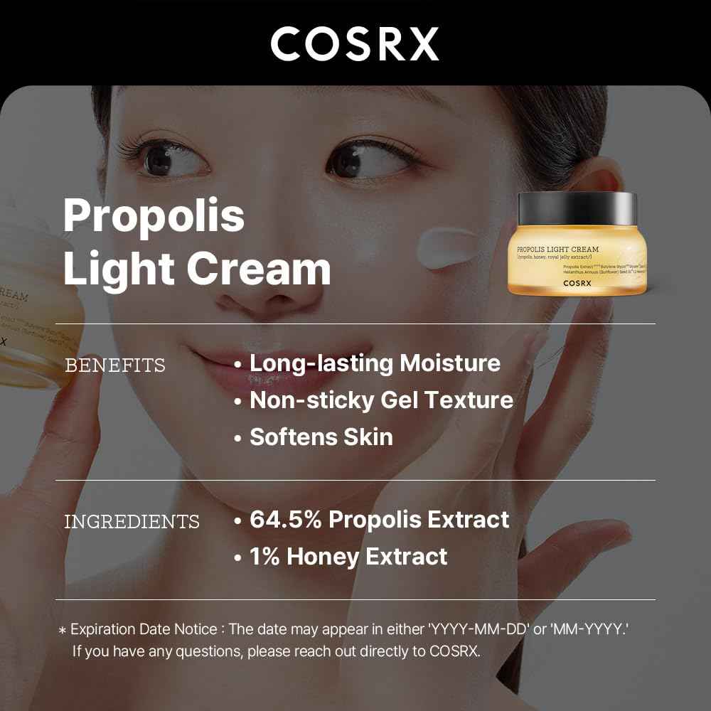COSRX Full Fit Propolis Light Cream, 2.19 Fl.oz / 65ml, Propolis 64.5%, Hydrating Daily Day and Night Moisturiser, Korean Skin Care, Not Tested on Animals