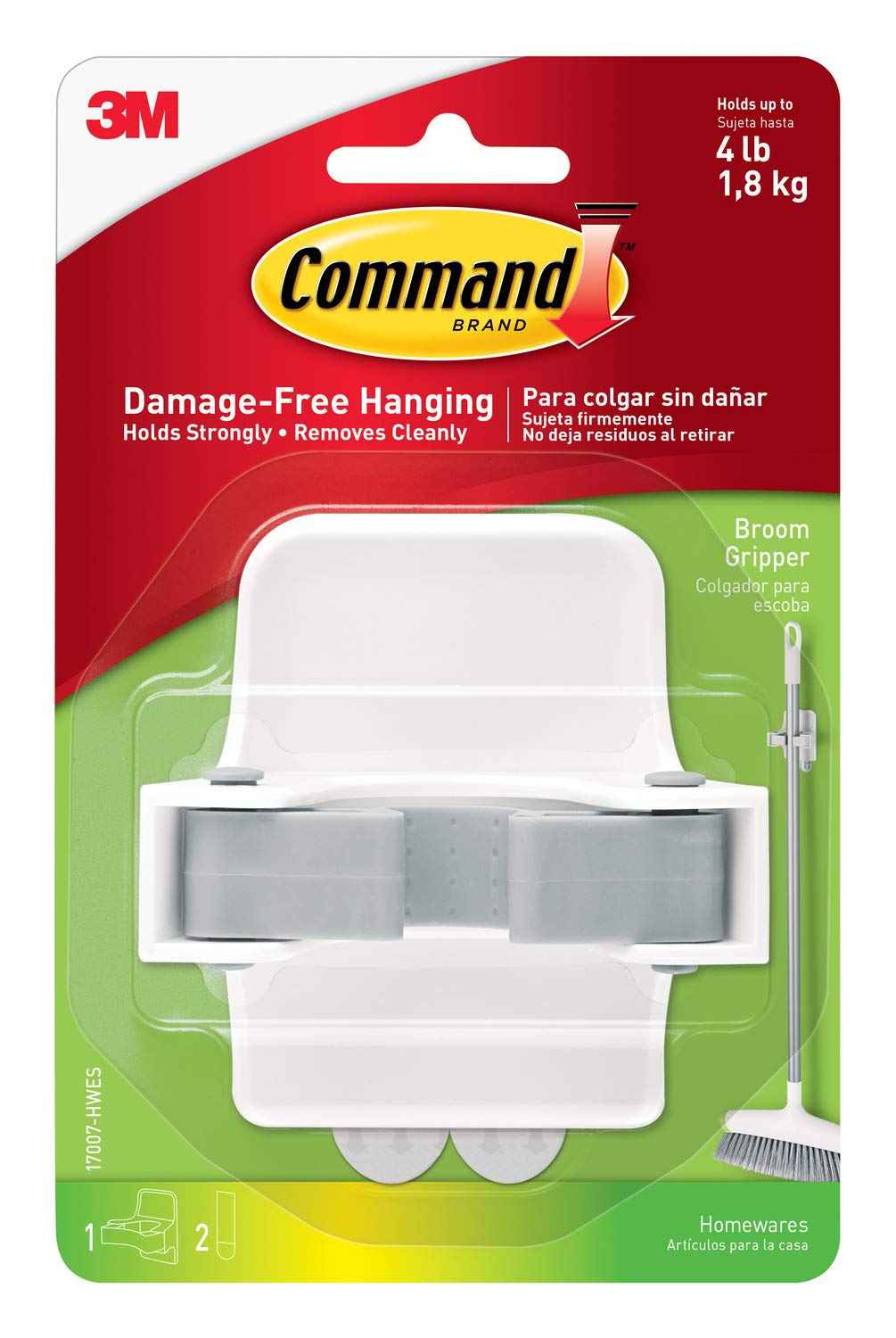 Command Broom Grippers, Damage-Free Mop and Broom Holder Wall Mount, Household Cleaning Tool Organizer for Kitchen, Laundry Room, Closet, Holds up to 4 lb
