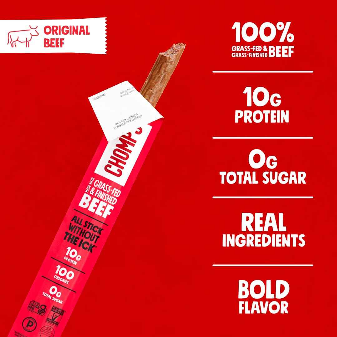 Chomps Grass-Fed and Finished Jerky Snack Sticks 10-Pack - Keto, Paleo, Whole30, 10g Lean Meat Protein, Gluten-Free, Zero Sugar Food, Non-GMO