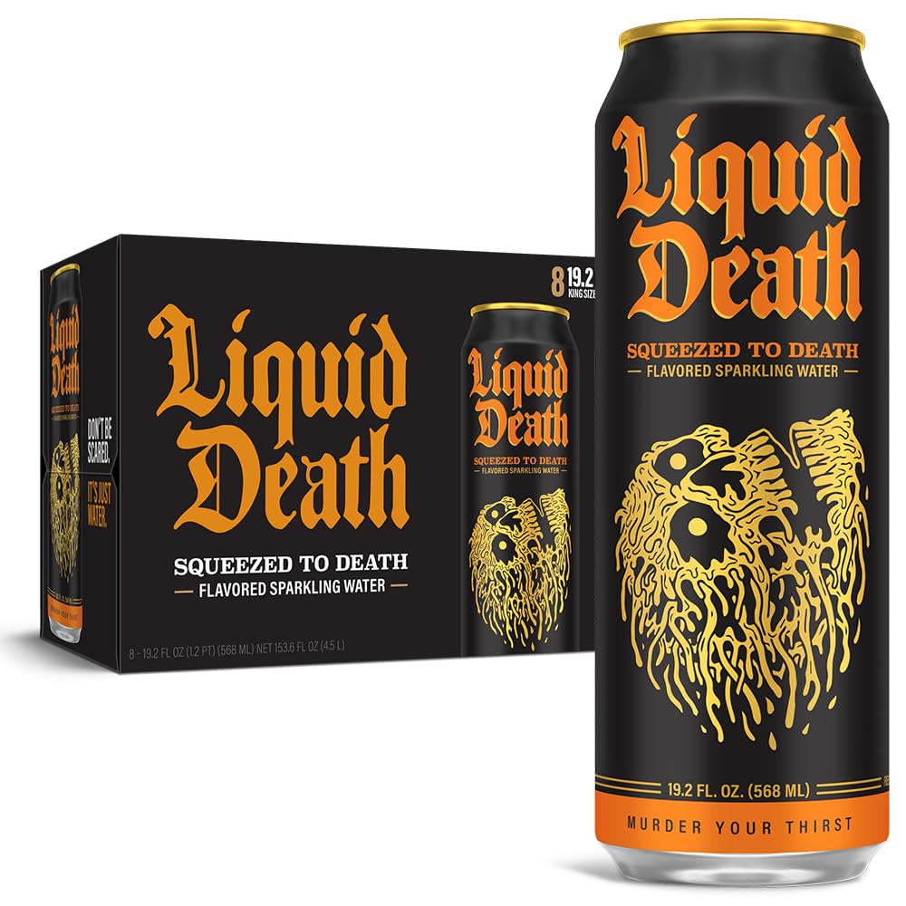 Liquid Death, Squeezed to Death, Orange-Flavored Sparkling Water, 8-Pack (19.2oz Cans), Low Calorie &amp;amp; No Artificial Sweeteners