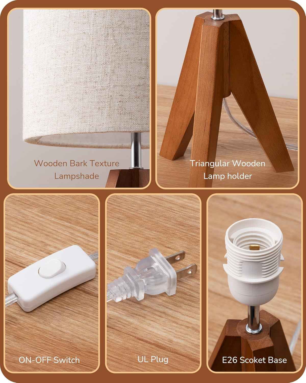 EDISHINE Small Wooden Nightstand Lamp – Tip-Resistant Baby Light for Nursery and Playroom