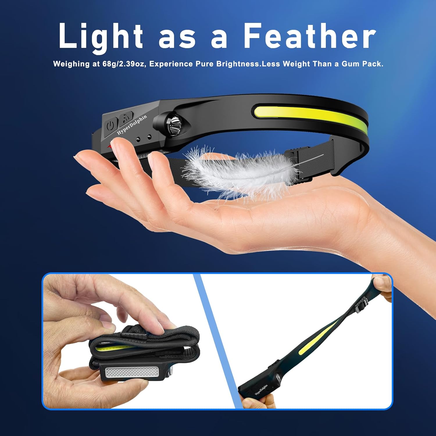 68g lightweight construction with adjustable elastic head strap