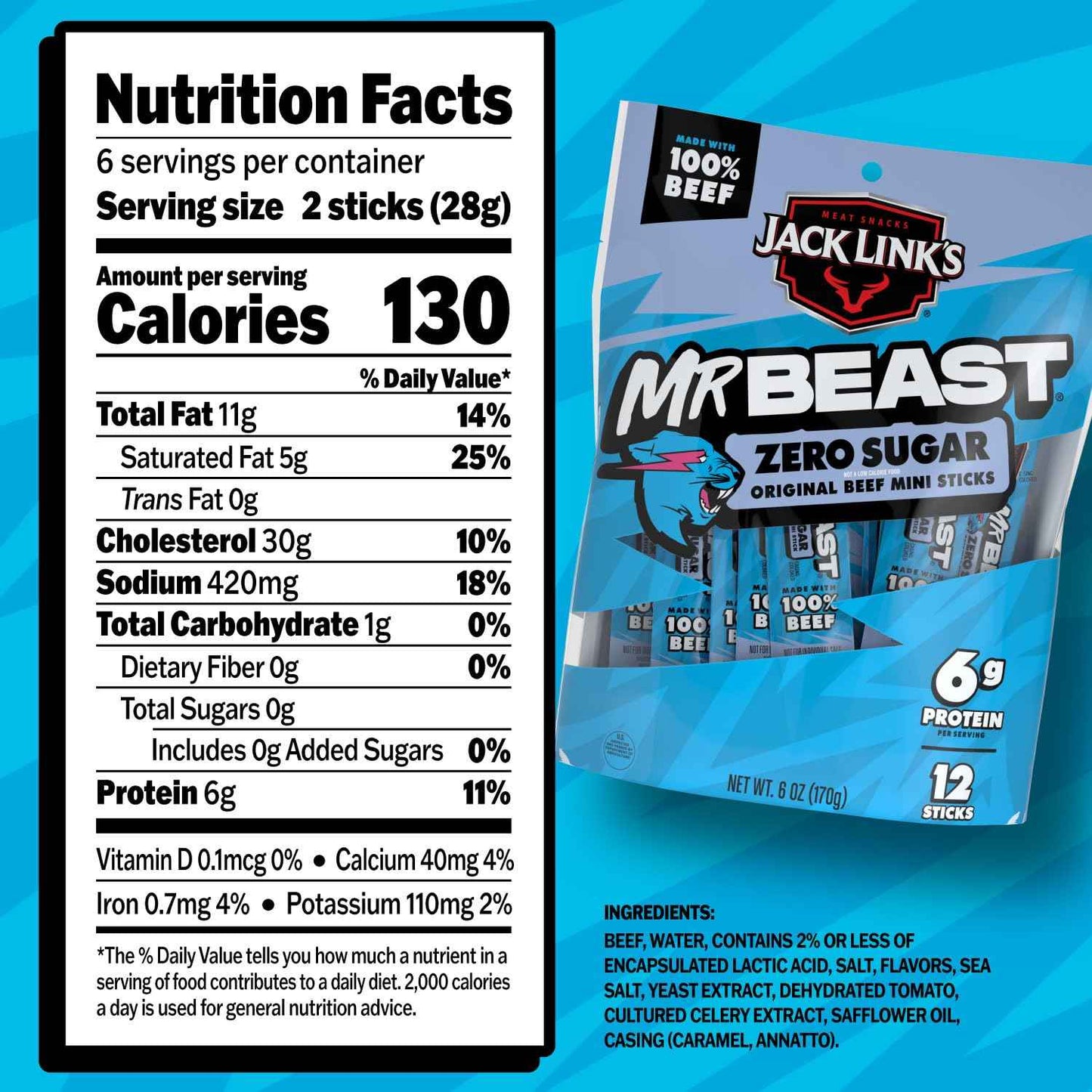 Jack Link's x MrBeast Zero Sugar Mini Beef Sticks – Low-Sugar Gym Bag Protein for Macro Trackers, 12 Pack