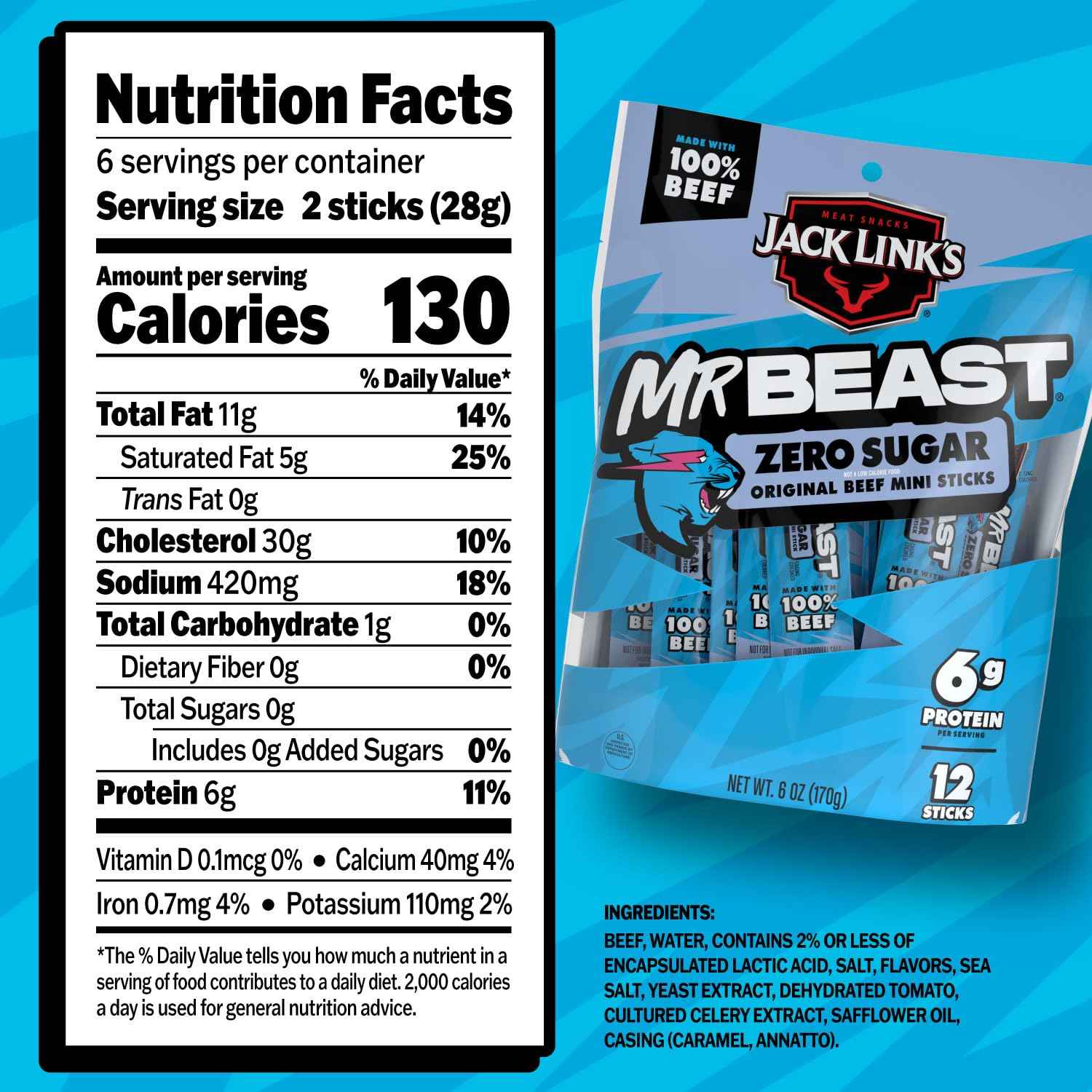 Jack Link's x MrBeast Zero Sugar Mini Beef Sticks – Low-Sugar Gym Bag Protein for Macro Trackers, 12 Pack