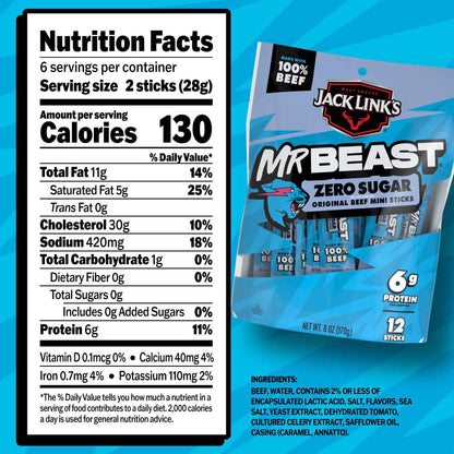 Jack Link's x MrBeast Zero Sugar Mini Beef Sticks – Low-Sugar Gym Bag Protein for Macro Trackers, 12 Pack