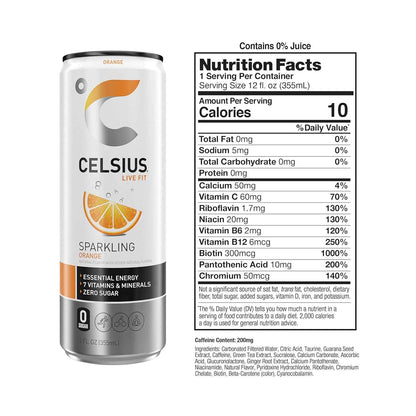 CELSIUS Sparkling Orange Sparkling Citrus Energy – Study Session Fuel for Busy College Students Who Don't Like Coffee, Zero Sugar 12oz Can