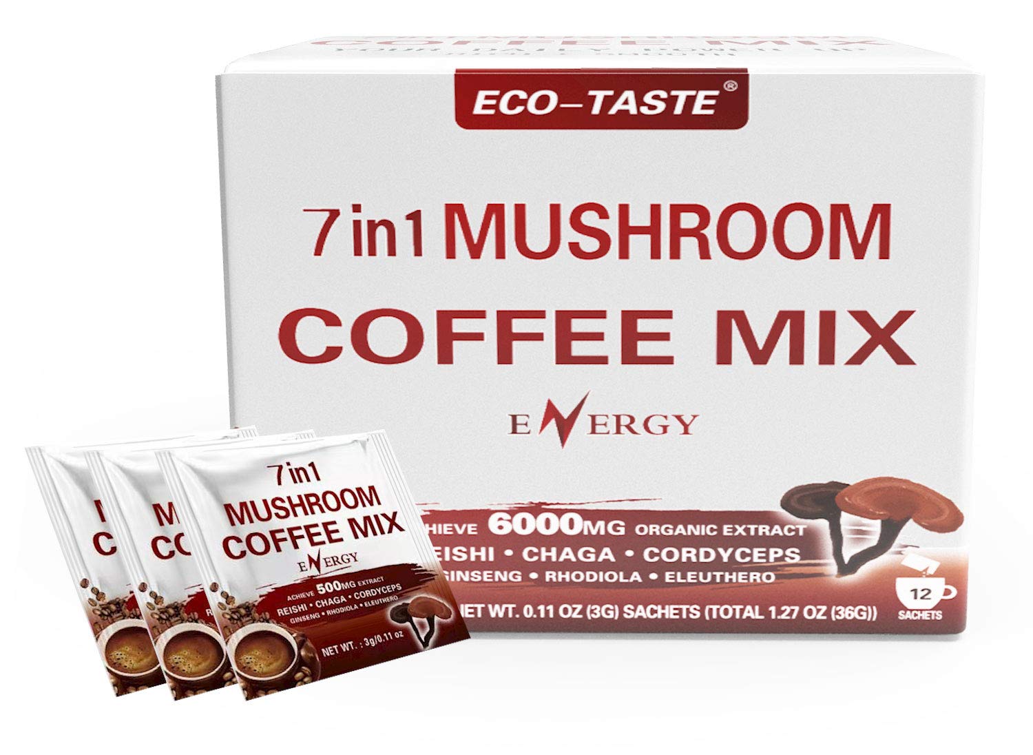 7-in-1 mushroom and adaptogen blend standardized to active compounds (20% beta-glucans, 1% cordycepin, 10% ginsenosides, 0.8% eleutherosides, etc.)