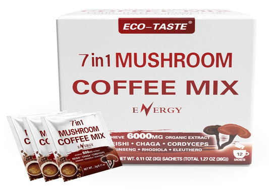 7-in-1 mushroom and adaptogen blend standardized to active compounds (20% beta-glucans, 1% cordycepin, 10% ginsenosides, 0.8% eleutherosides, etc.)