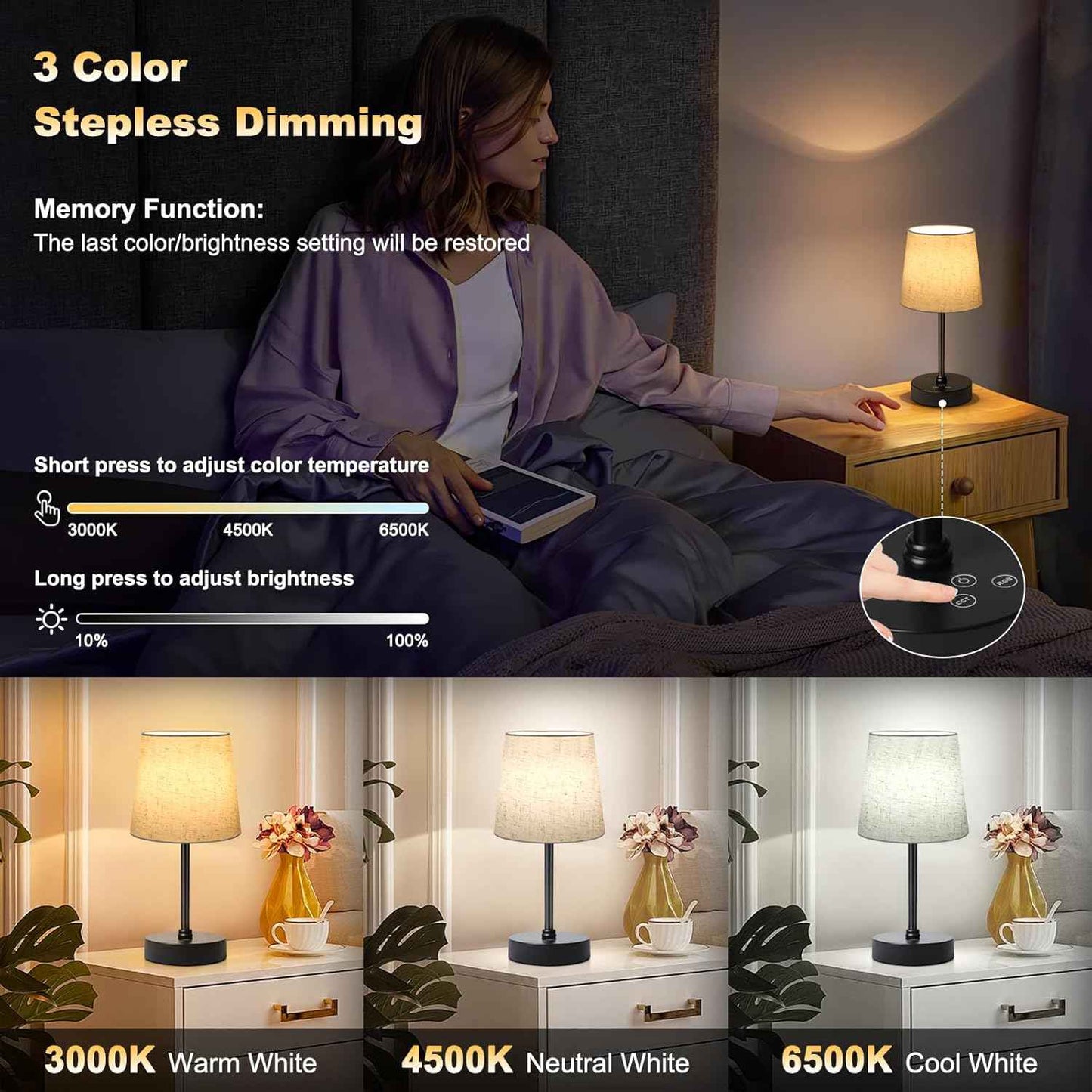 BRIGHTY — Cordless Minimalist Desk Lamp for Clutter-Free Counters, Rechargeable LED in Neutral Linen and Matte Black